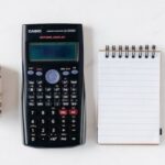 Financial Tools - Composition of calculator with paper money and notebook with pen